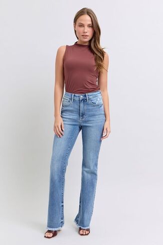 Judy Blue High Waist Bootcut Jeans with Fray Hem – Stylish and Comfortable Cotton-Blend Denim for Women - 82486 in Saudi Arabia