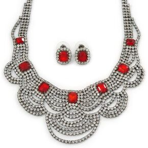 Bridal, Wedding, Prom Clear/Ruby Red Austrian Crystal Layered Necklace and Stud Earrings Set In Black Tone - 36cm L/ 6cm Ext