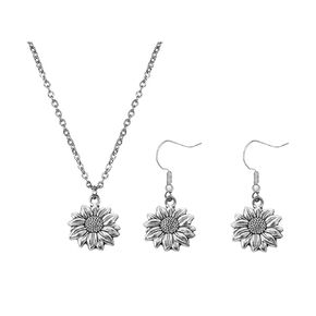 Antique Gold Sunflower Dangle Earrings Sunflower Necklace Jewelry Set (Antique silver)