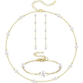 HAIAISO Pearl Jewelry Set for Women 14K Gold Plated Imitation Pearl Choker Necklace Adjustable Pearl Bracelet Dangle Pearl Earrings Wedding Bridesmaid Prom Jewelry Gift