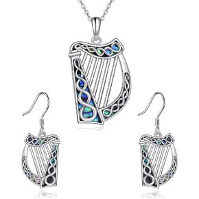 Celtic Harp Necklace/Earrings for Women 925 Sterling Silver Celtic Harp Jewelry Sets Gift