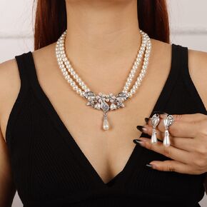 Wedding Pearl Necklace Earrings Set Silver White Bride Pearl Jewelry Sets Rhinestone Layered Choker Necklace Jewelry Accessories for Women and Girls