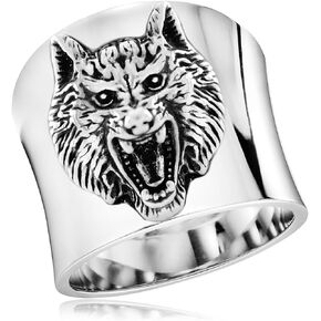 Cool Antique Oding 3D Relief Wolf Wide Band Ring,Retro S925 Sterling Silver Nordic Vikings Celts Wolf Head Chunky Band Ring,Vintage Punk Biker Gothic Thumb Index Finger Statement Band Ring for Women