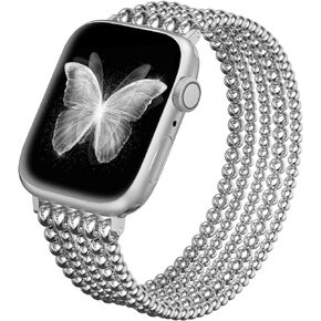 fastgo Silver Beaded Bracelet Band Compatible with Apple Watch Band 44mm/45mm/42mm/49mm Women, Dressy Elastic Stretchy Beaded Stackable Strap for Iwatch Series 9 Ultra 8 7 6 5 4 3 2 1 SE(Silver)