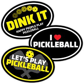 Pickleball Car Decals - 3 Pack (Includes one of Each Design) - 6"x4" Bumper Stickers - Made in USA - for Indoor or Outdoor Use.