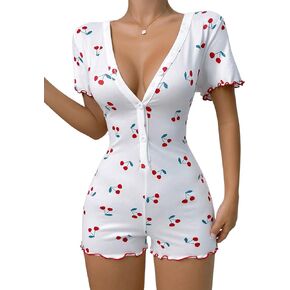 SweatyRocks Women's Graphic Print Deep V Neck Short Sleeve Half Button Sleep Romper Pajama