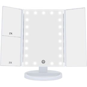 21LED Lighted Vanity Makeup Mirror, 4 Magnifications and Touch Screen Dimming,180° Rotation Trifold Cosmetic Mirror with Dual Power and Adjustable Brightness, Gift for Mothers Day