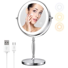Matekxy 8'' Lighted Makeup Mirror, 1X/10X Magnifying Rechargeble Standing Double Sided Vanity Mirrors with 360°Rotation, 3 Colors Brightness Adjustable, Touch Sensor Dimming-Gold