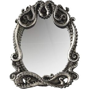 Pacific Trading Gothic Mirror Home Accent Décor, Kraken Antique Inspired Silver Tone Hand Finished Framed Steampunk Tabletop Decoration, 7.28" L x 1" W x 9.25" H