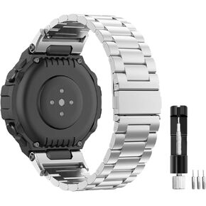 E ECSEM Compatible with Amazfit T-Rex Bands, Amazfit T-Rex Pro Watch Strap Solid Stainless Steel Metal Replacement Bracelet Strap fit for Amazfit T-Rex A1918 Smartwatch, Adjustable