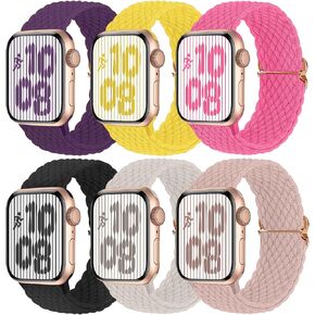Brigtlaiff Braided Solo Loop Compatible with Apple Watch Band 38mm 40mm 41mm 42mm 44mm 45mm 49mm Women Men, Adjustable Stretchy Nylon Wristband Strap for iWatch Series 8 7 6 5 4 3 2 1 SE Ultra, 6pack