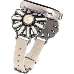 W-RARA Leather Band Compatible with Apple Watch Band Women 38/40/41/42/44/45/49mm, Boho Western Vintage Turquoise Ethnic Antique Style Strap for iWatch Series Ultra 2 SE 9 8 7 6 5 4 3 2 1