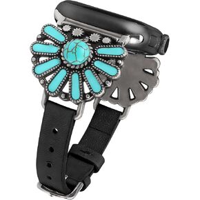 W-RARA Leather Band Compatible with Apple Watch Band Women 38/40/41/42/44/45/49mm, Boho Western Vintage Turquoise Ethnic Antique Style Strap for iWatch Series Ultra 2 SE 9 8 7 6 5 4 3 2 1
