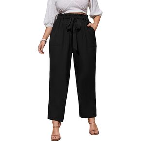 WDIRARA Women's Plus Size Paper Bag Waist Belted Casual Pants with Pockets