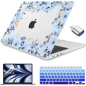 Compatible with MacBook Air 13 inch M2 Case 2022 Model A2681, Plastic Hard Shell Case & Keyboard Cover & Screen Protector & USB C to USB 3.0 Adapter, Blue Flowers