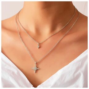 Boho Layered Northstar Necklace Crystal North Star Pendant Necklace Cz Star Choker Necklace Gold Rhinestone Starburst Necklace Jewelry for Women and Girls