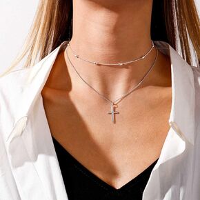 YienDoo Boho Layered Cross Necklace Choker Vintage Gold Cross Pendant Necklace Bead Satellite Choker Multilayer Statement Cross Necklace Jewelry for Women and Girls