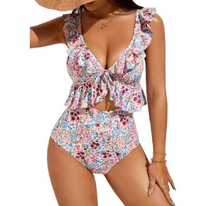 WDIRARA Women's Boho Floral Print Ruffle Trim Cut Out One Piece Swimsuit Monokini Bathing Suit