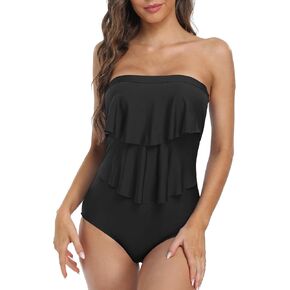 Firpearl Women's Bandeau One Piece Strapless Swimsuits Layered Ruffle Swimwear Flounce Bathing Suit