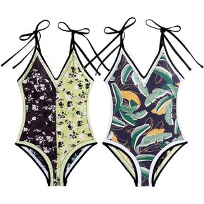 Women Floral Print Reversible Swimwear, Spaghetti Strap 1 Piece Swimsuit, V Neck Bathing Suit, Tummy Control Monokini in Kuwait