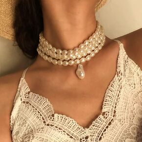Xerling Charm Pearl Necklace for Women Baroque Pearl Pendant Choker Multi-layered Chain Bridal Wedding Necklace for Prom Party Boho Choker Necklace