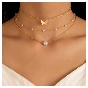 Bohemia Layering Necklace Choker Chain Gold Butterfly Pendant Necklace Chain Floating Pearl Choker Necklace Pearl Beads Necklace Jewelry for Women and Girls 3 Pcs