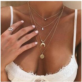 Bohemian Layered Moon Pendant Necklace Gold Coin Necklace Choker Layering Crescent Necklace Multi Layer Disc Necklace Chain Jewelry for Women and Girls
