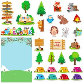 WhatSign التخييم نشرة الديكور مجموعة للفصول الدراسية 36pcs الخريف ترحيب الغابات الحيوانات الدب والسنجاب التخييم تحت عنوان ديكور مجسمات لطيف القواطع خيمة للمدرسة التخييم لوازم الحفلات