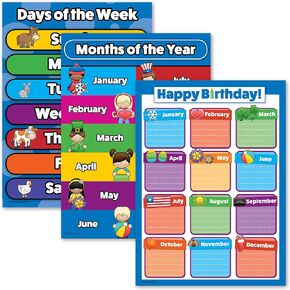3 Pack - Days of the Week + Months of the Year + Birthday Calendar Poster Set - Toddler Educational Charts (LAMINATED, 18" x 24")