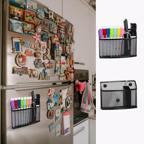 حامل أقلام مغناطيسي للخزانة، والثلاجة، والسبورة البيضاء، ومنظم خزانة معدنية شبكية لتخزين ملحقات الخزانة، وحامل علامة مغناطيسية للثلاجات، ولوحة مسح جافة، عبوة من 2، أسود in Kuwait