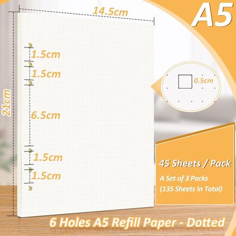 إعادة تعبئة ورق منقط مقاس A5، 3 عبوات من ورق التجليد، إعادة تعبئة مجلة ورقية فضفاضة تنطبق على 6 فتحات، 135 ورقة 270 صفحة، مثالية للعمل أو المنزل أو المدرسة (ورقة منقط) in Kuwait
