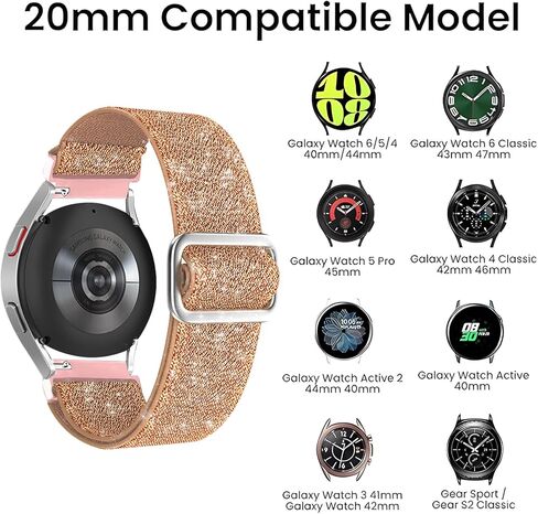 سوار ساعة من النايلون اللامع القابل للتمدد 20 مم متوافق مع ساعة Samsung Galaxy Watch 6 5 4 44 40 مم/ساعة 5 Pro 45 مم/ ساعة 6 كلاسيكية 43 47 مم/ساعة 4 كلاسيكية 46 42 مم، حزام نسائي رياضي مضفر مرن قابل للتعديل in Saudi Arabia