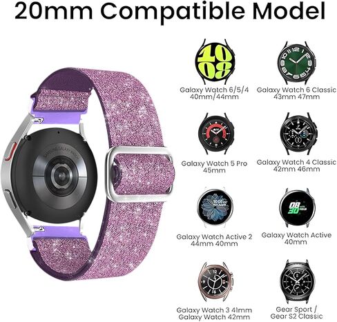 سوار ساعة من النايلون اللامع القابل للتمدد 20 مم متوافق مع ساعة Samsung Galaxy Watch 6 5 4 44 40 مم/ساعة 5 Pro 45 مم/ ساعة 6 كلاسيكية 43 47 مم/ساعة 4 كلاسيكية 46 42 مم، حزام نسائي رياضي مضفر مرن قابل للتعديل in Saudi Arabia