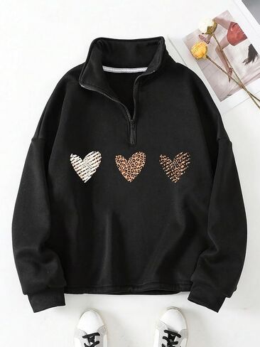 سويت شيرت SweatyRocks نسائي بطباعة الفهد نصف سحاب وأكمام طويلة وكتف منسدل in Kuwait