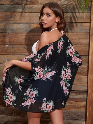 GORGLITTER Women's Floral Open Front Chiffon Cardigan Half Sleeve Overiszed Kimono Cover Up in Saudi Arabia