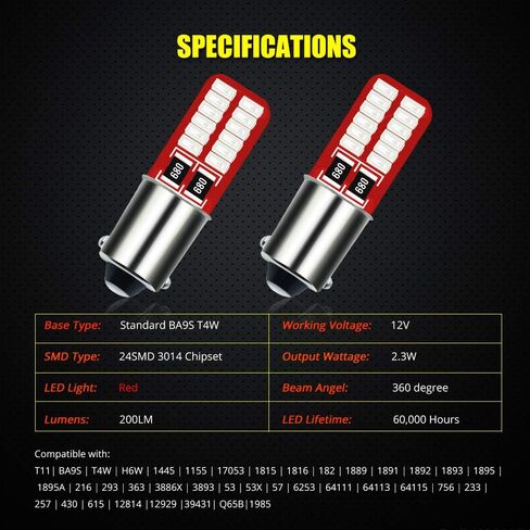 YEORO BA9S BA9 T4W 53 57 1895 64111 LED Bulbs 200LM Super Bright 24-SMD 3014 Chips LED Lamp for License Plate side door Interior Map Dome Parking City Dashboard Light,Xenon White.(10-Pack) in Saudi Arabia