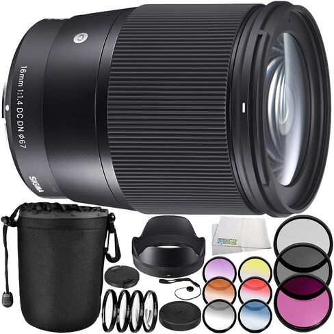 عدسة سيجما 16 ملم f/1.4 DC DN المعاصرة لحزمة ملحقات Sony E 10 قطع - تتضمن ملحقات الشركة المصنعة + طقم مرشح 3 قطع (UV + CPL + FLD) + المزيد in Saudi Arabia