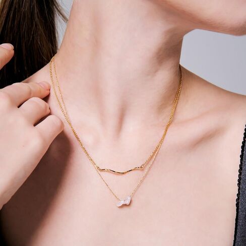 16K Gold Plated Natural Stone Layered Necklace - Dainty Women's Fashion Gold Jewelry, Layered Gold Necklaces with Stone Pendants, Cute and Tarnish Free Ladies Necklace. in Saudi Arabia
