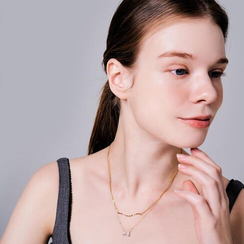 16K Gold Plated Natural Stone Layered Necklace - Dainty Women's Fashion Gold Jewelry, Layered Gold Necklaces with Stone Pendants, Cute and Tarnish Free Ladies Necklace. in Saudi Arabia