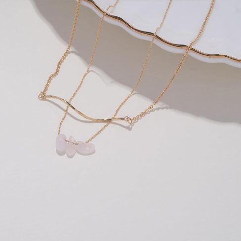 16K Gold Plated Natural Stone Layered Necklace - Dainty Women's Fashion Gold Jewelry, Layered Gold Necklaces with Stone Pendants, Cute and Tarnish Free Ladies Necklace. in Saudi Arabia