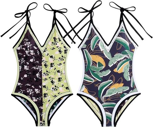 Women Floral Print Reversible Swimwear, Spaghetti Strap 1 Piece Swimsuit, V Neck Bathing Suit, Tummy Control Monokini in Kuwait