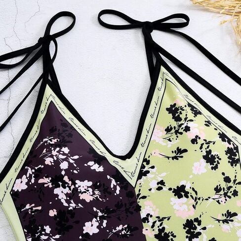 Women Floral Print Reversible Swimwear, Spaghetti Strap 1 Piece Swimsuit, V Neck Bathing Suit, Tummy Control Monokini in Kuwait