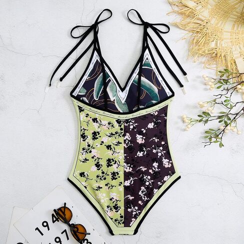 Women Floral Print Reversible Swimwear, Spaghetti Strap 1 Piece Swimsuit, V Neck Bathing Suit, Tummy Control Monokini in Kuwait