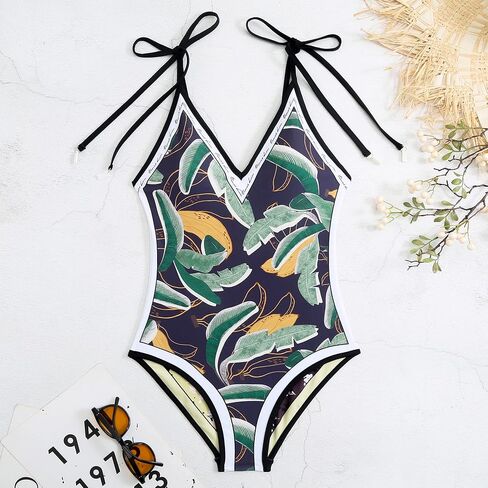 Women Floral Print Reversible Swimwear, Spaghetti Strap 1 Piece Swimsuit, V Neck Bathing Suit, Tummy Control Monokini in Kuwait