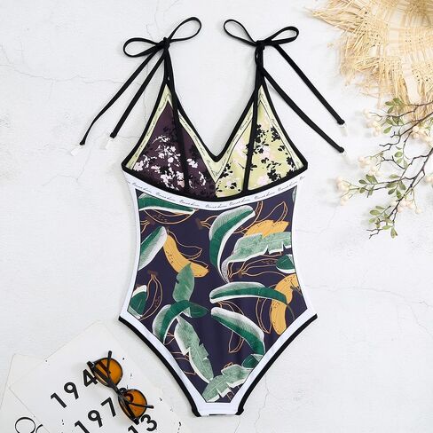 Women Floral Print Reversible Swimwear, Spaghetti Strap 1 Piece Swimsuit, V Neck Bathing Suit, Tummy Control Monokini in Kuwait