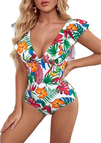 بدلة سباحة نسائية مثيرة على شكل حرف V من قطعة واحدة، ملابس سباحة بأكمام مكشكشة من الاستوديو in Kuwait