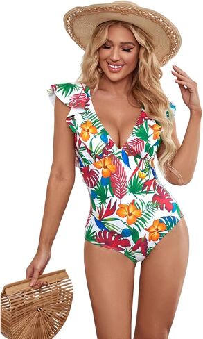 بدلة سباحة نسائية مثيرة على شكل حرف V من قطعة واحدة، ملابس سباحة بأكمام مكشكشة من الاستوديو in Kuwait