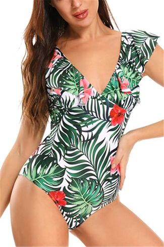 بدلة سباحة نسائية مثيرة على شكل حرف V من قطعة واحدة، ملابس سباحة بأكمام مكشكشة من الاستوديو in Kuwait