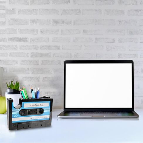 حامل قلم شريط كاسيت عتيق للمكتب مع ملصق شفاف وموزع قلم رصاص منظم لمنظمي مكتب المكتب وملحقاته حافظة أقلام ووعاء حاوية مزهرية (أزرق) in Kuwait
