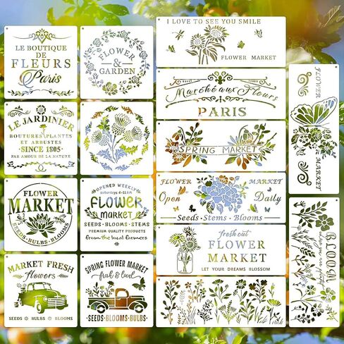 Flower Market Stencil, Large Spring Wildflower Stencils Farmhouse Stencils for Painting on Wood, Craft Template Wood Burning Stencil for Garden Canvas Sign Wall Home Decor(Flower) in Saudi Arabia